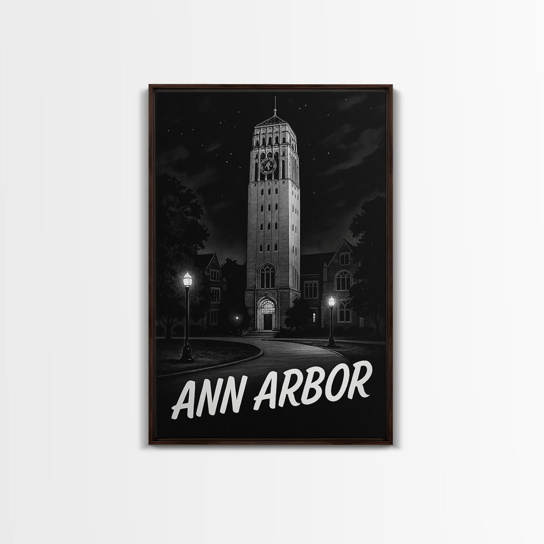 Ann Arbor Travel Poster, Framed Canvas Print, Night Street Poster Art, Ann Arbor Poster Print, Vintage Travel Print, Vintage Travel Art