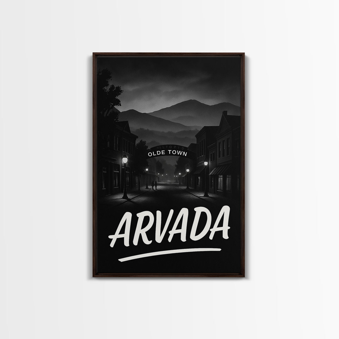 Arvada Travel Poster, Framed Canvas Print, Black And White Travel Art, Arvada Poster Print, City Art Print, Watercolor Downtown Skyline