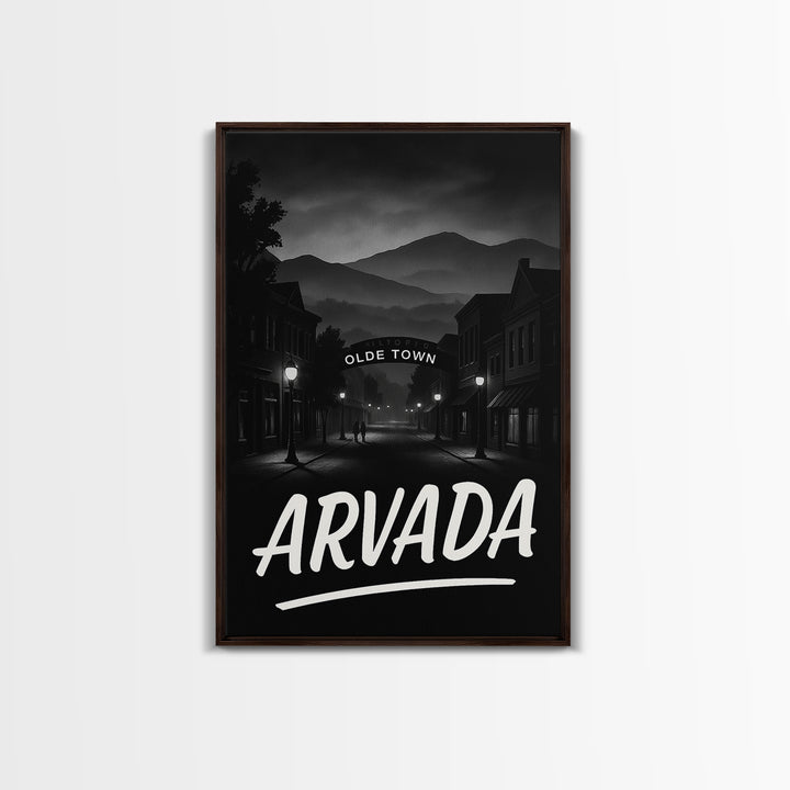 Arvada Travel Poster, Framed Canvas Print, Black And White Travel Art, Arvada Poster Print, City Art Print, Watercolor Downtown Skyline
