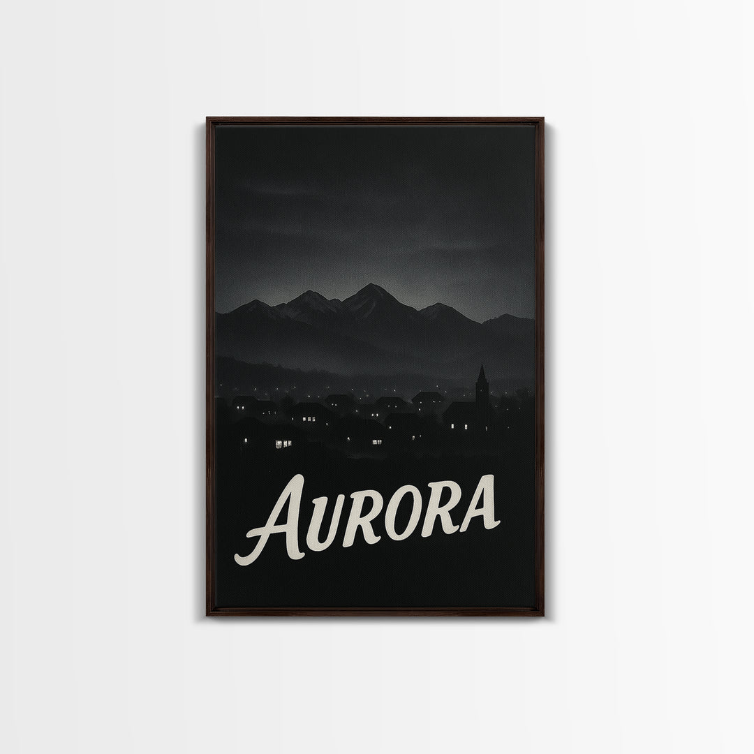 Aurora Travel Poster, Framed Canvas Print, Dark Moody City Wall Art, Aurora Poster Print, Vintage Travel Art, City Art Print, Poster Art