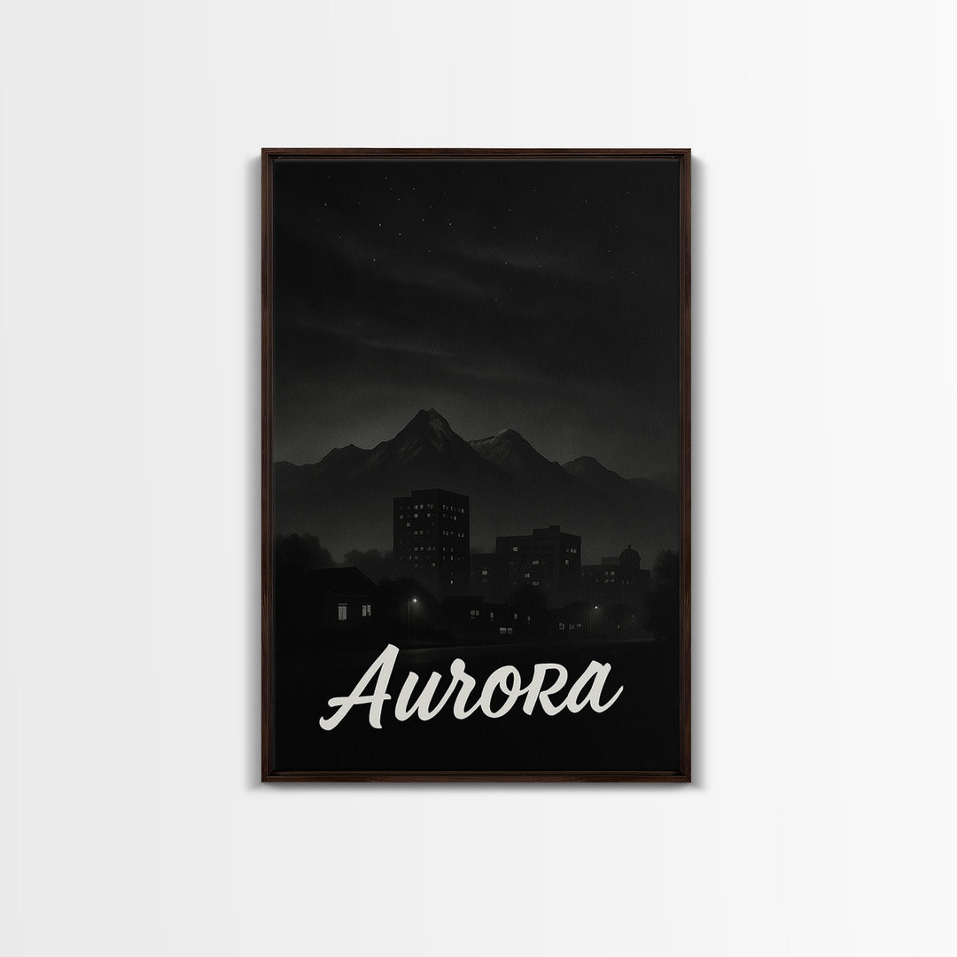 Aurora Travel Poster, Framed Canvas Print, Dark Moody City Wall Art, Aurora Art Print, Travel Wall Art, Vintage City Poster, Travel Gift
