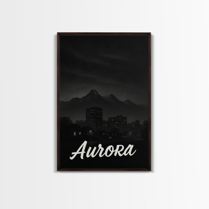 Aurora Travel Poster, Framed Canvas Print, Dark Moody City Wall Art, Aurora Art Print, Travel Wall Art, Vintage City Poster, Travel Gift