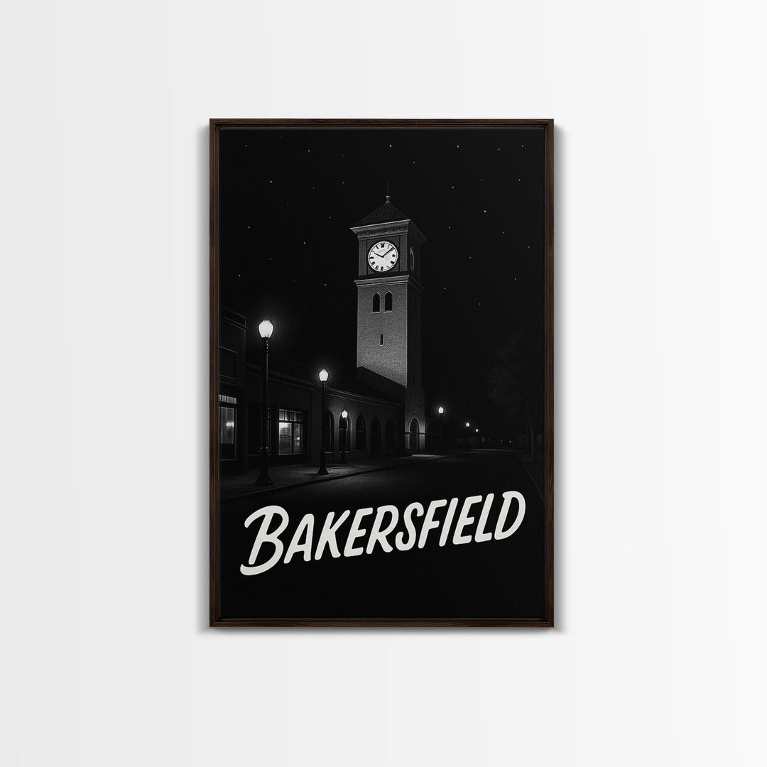 Bakersfield Travel Poster, Framed Canvas Print, Vintage Noir Poster Art, Bakersfield City Art, Vintage City Poster, Mid Century Wall Art