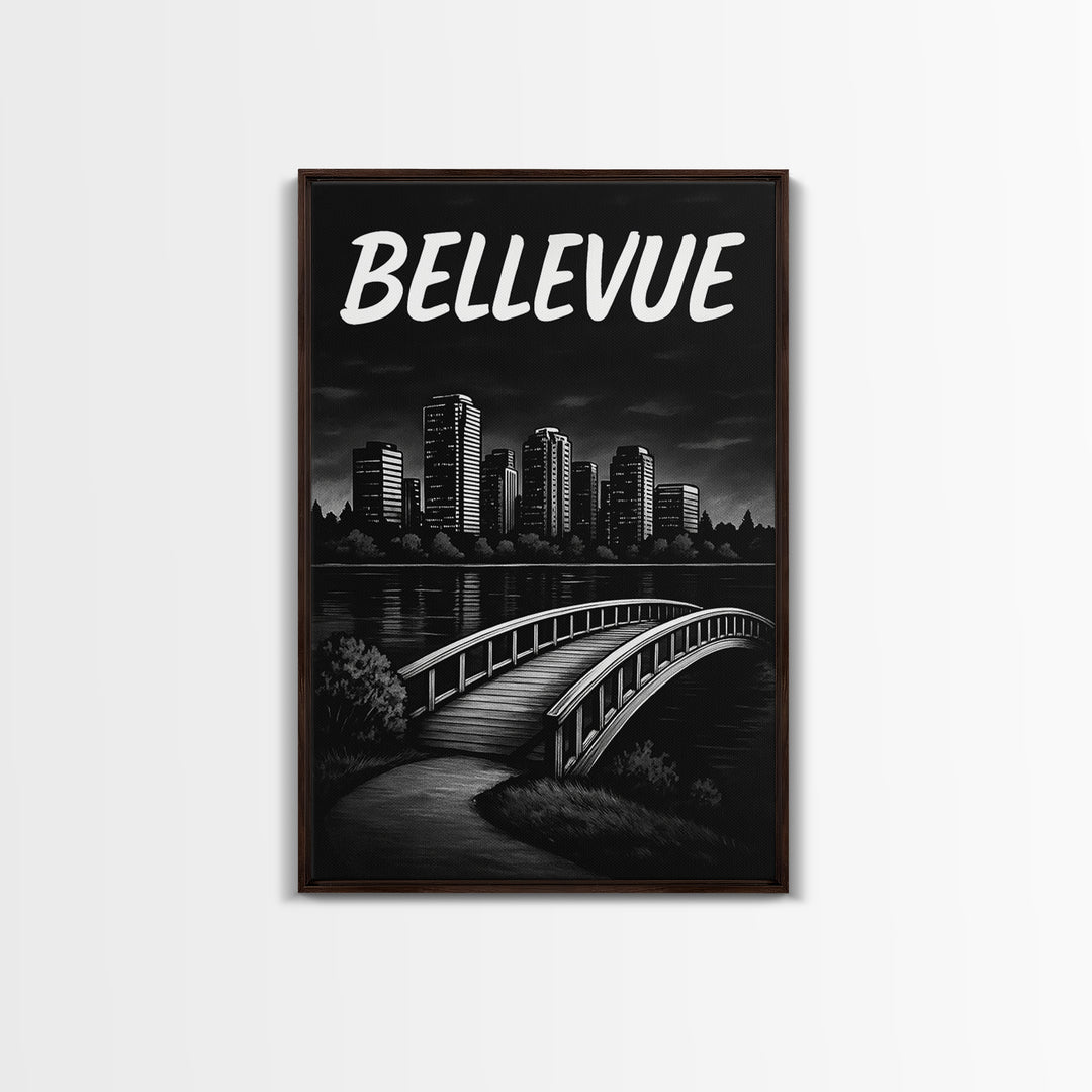 Bellevue Travel Poster, Framed Canvas Print, Black And White Travel Art, Bellevue Wall Art, Modern Wall Decor, Travel Art Print