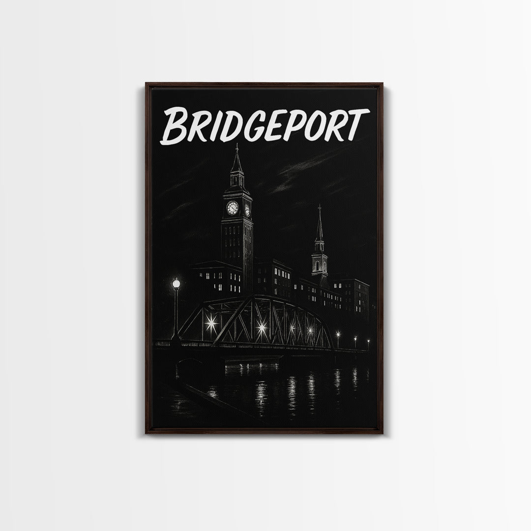 Bridgeport Travel Poster, Framed Canvas Print, Dark Moody City Wall Art, Bridgeport Poster Print, City Illustration, Vintage City Poster