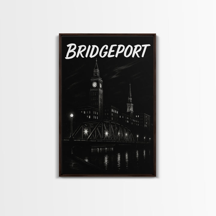 Bridgeport Travel Poster, Framed Canvas Print, Dark Moody City Wall Art, Bridgeport Poster Print, City Illustration, Vintage City Poster
