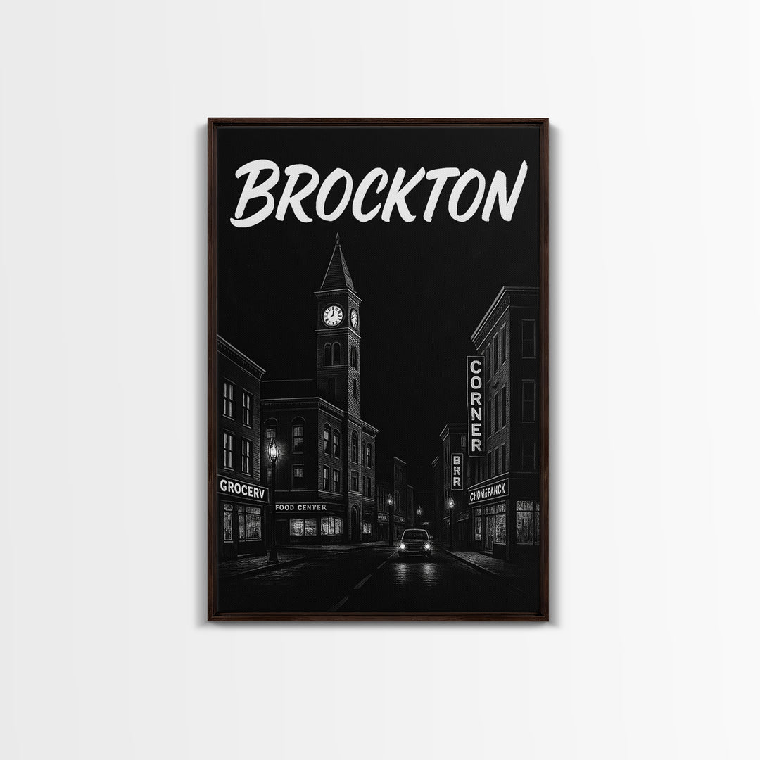 Brockton Travel Poster, Framed Canvas Print, Dark Moody City Wall Art, Brockton Wall Art, Travel Art Print, Fine Art Print, Landscape Art