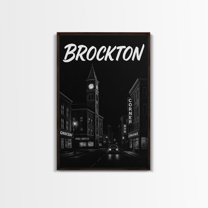 Brockton Travel Poster, Framed Canvas Print, Dark Moody City Wall Art, Brockton Wall Art, Travel Art Print, Fine Art Print, Landscape Art