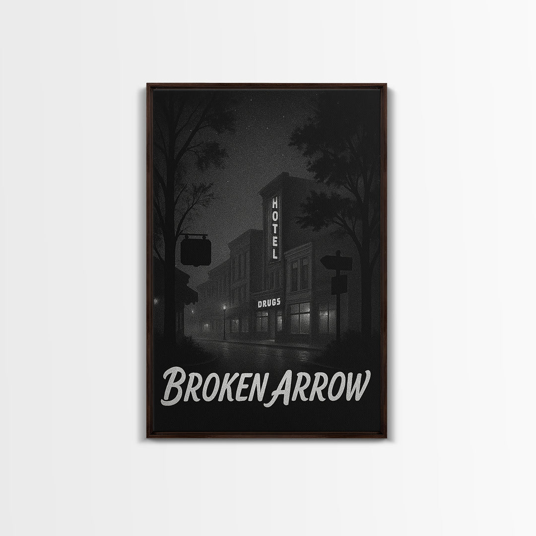 Broken Arrow Oklahoma Travel Poster, Canvas Print, Black And White Travel Art, Broken Arrow Wall Art, Travel Print, Vintage Travel Art