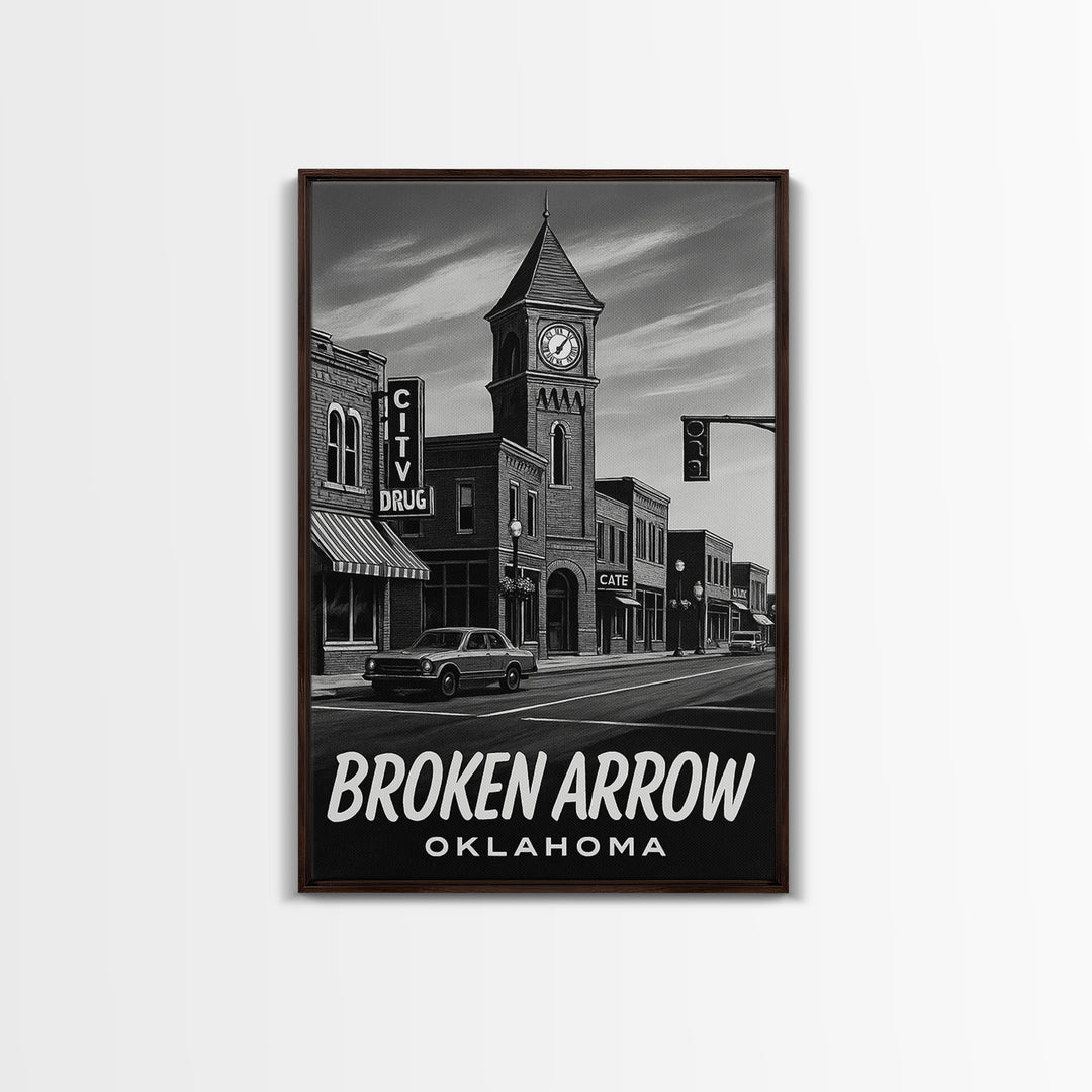 Broken Arrow Travel Poster, Framed Canvas Print, Dark Moody City Wall Art, Broken Arrow Art Print, Mid Century Wall Art, City Art Print
