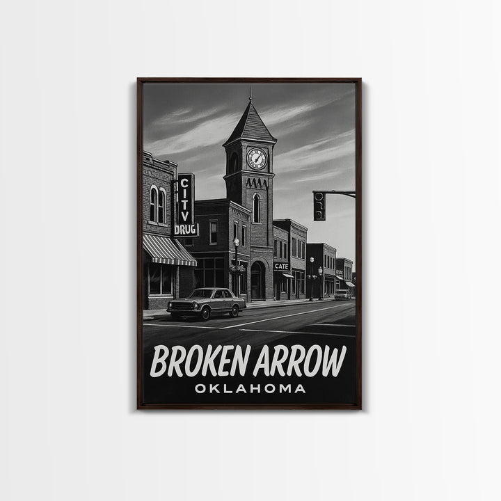 Broken Arrow Travel Poster, Framed Canvas Print, Dark Moody City Wall Art, Broken Arrow Art Print, Mid Century Wall Art, City Art Print