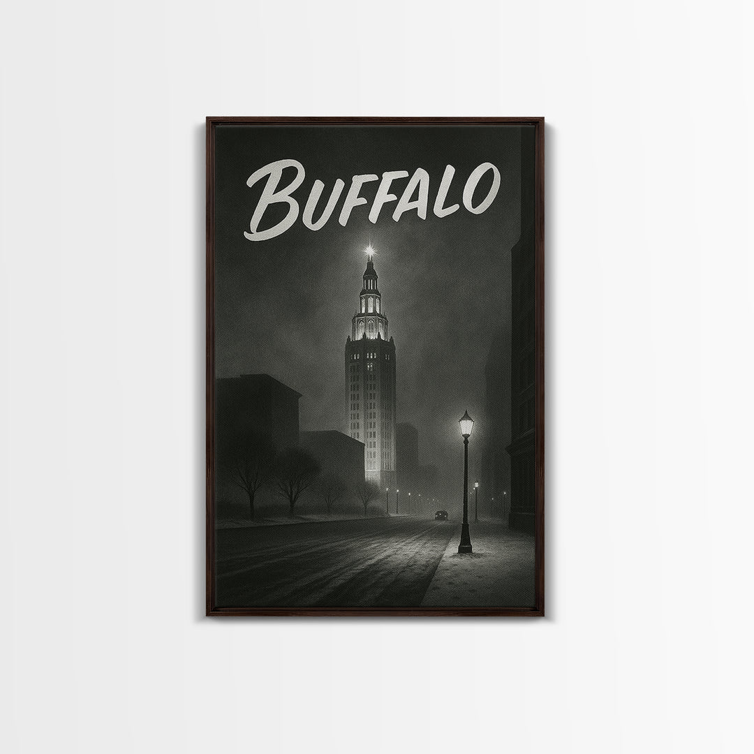 Buffalo Travel Poster, Framed Canvas Print, Dark Moody City Wall Art, Buffalo Poster Print, City Art Print, Vintage City Art, Art Print