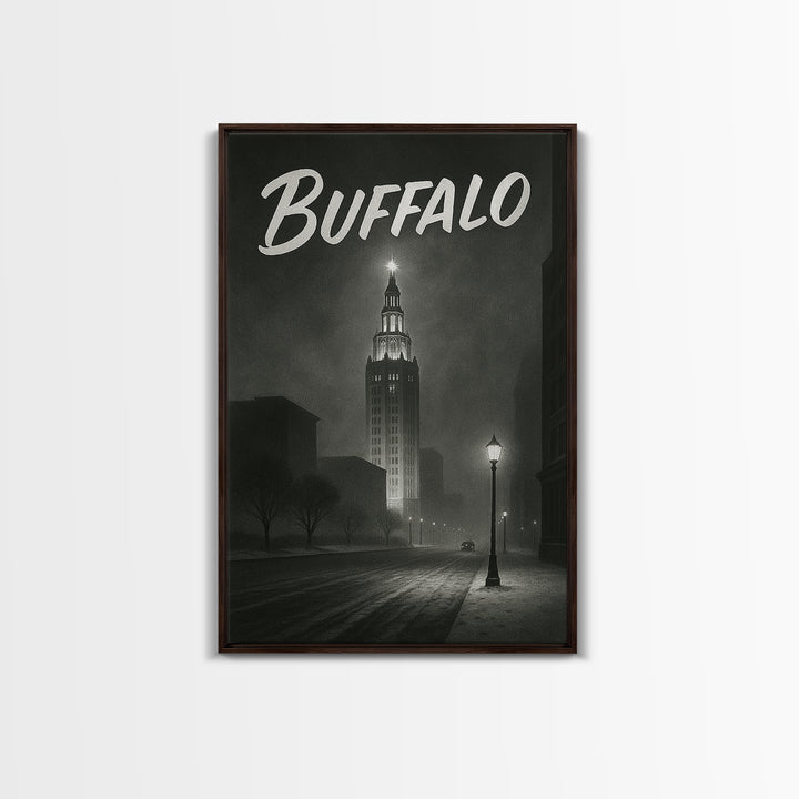 Buffalo Travel Poster, Framed Canvas Print, Dark Moody City Wall Art, Buffalo Poster Print, City Art Print, Vintage City Art, Art Print