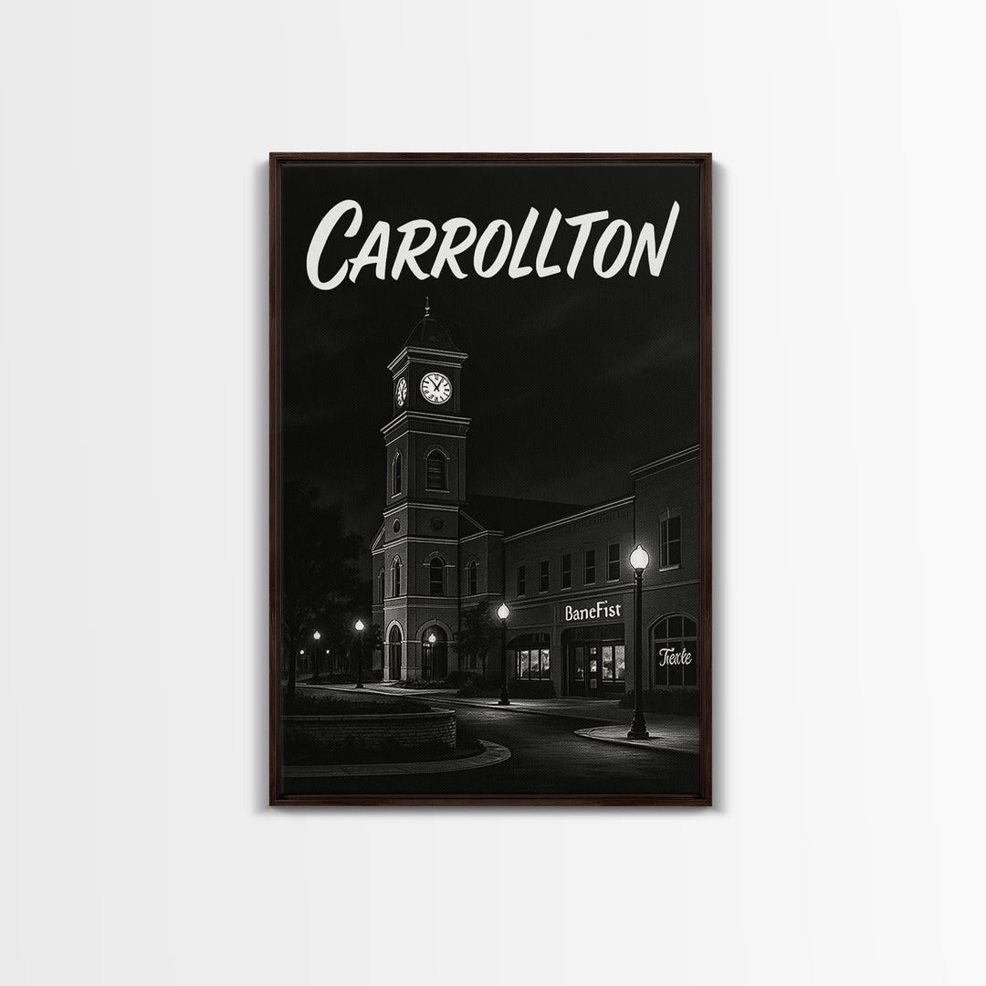 Carrollton Texas Travel Poster, Framed Canvas Print, Night Street Poster Art, Carrollton Art Print, Fine Art Print, Eclectic Wall Decor