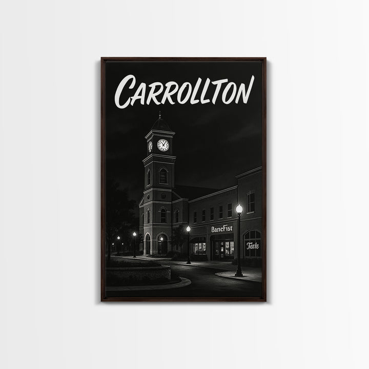 Carrollton Texas Travel Poster, Framed Canvas Print, Night Street Poster Art, Carrollton Art Print, Fine Art Print, Eclectic Wall Decor