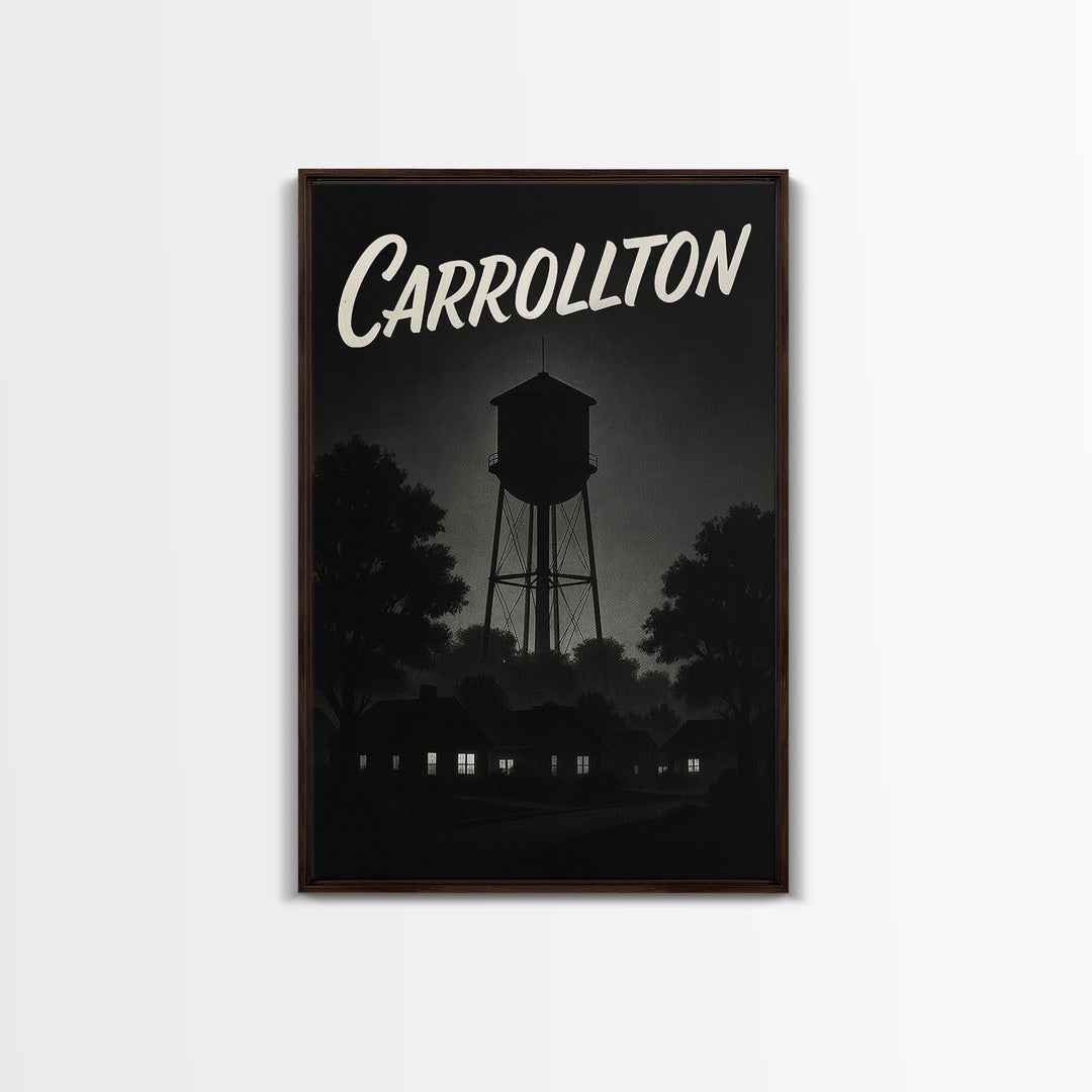Carrollton Travel Poster, Framed Canvas Print, Vintage Noir Poster Art, Carrollton Wall Art, City Illustration, Vintage City Art