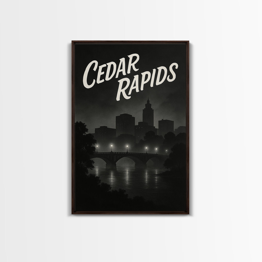 Cedar Rapids Iowa Travel Poster, Canvas Print, Dark Moody City Wall Art, Cedar Rapids Travel Art, Travel Poster Art, Wanderlust Decor