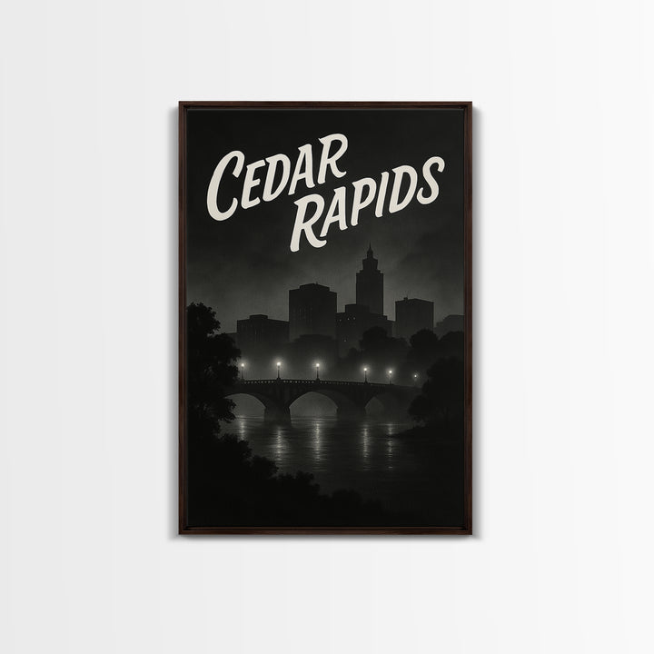 Cedar Rapids Iowa Travel Poster, Canvas Print, Dark Moody City Wall Art, Cedar Rapids Travel Art, Travel Poster Art, Wanderlust Decor