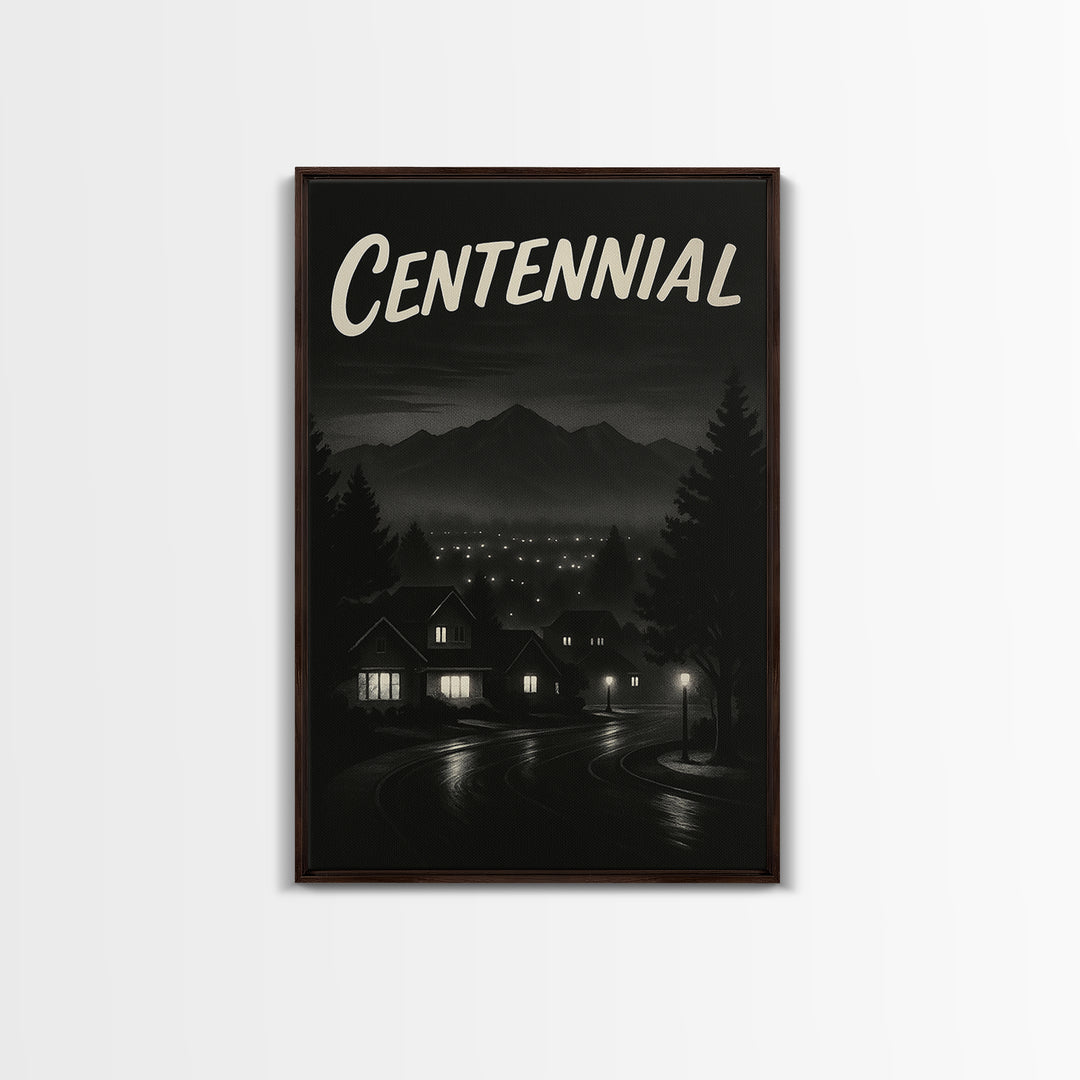 Centennial Travel Poster, Framed Canvas Print, Night Street Poster Art, Centennial Art Print, Travel Poster Art, Watercolor Downtown Skyline
