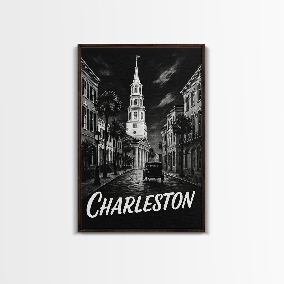 Charleston Travel Poster, Canvas Print, Black And White Travel Art, Charleston City Art, Travel Wall Decor, Watercolor Skyline Art