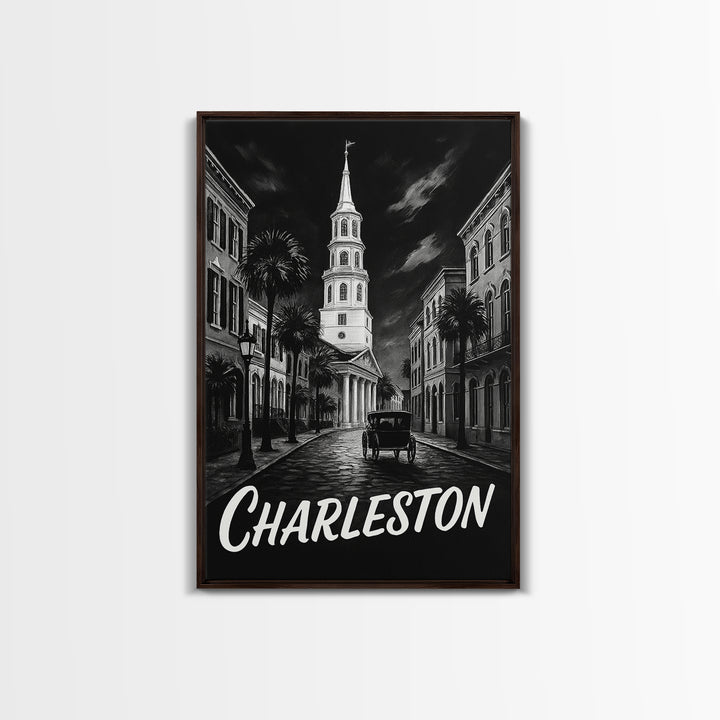 Charleston Travel Poster, Canvas Print, Black And White Travel Art, Charleston City Art, Travel Wall Decor, Watercolor Skyline Art