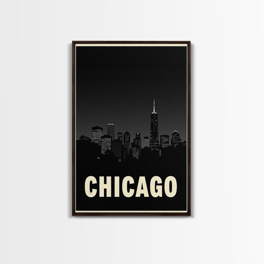 Chicago Illinois Travel Poster, Framed Canvas Print, Night Street Poster Art, Chicago Art Print, Vintage Travel Print, Travel Poster Art