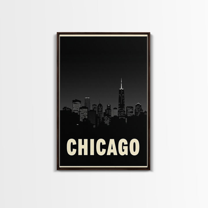 Chicago Illinois Travel Poster, Framed Canvas Print, Night Street Poster Art, Chicago Art Print, Vintage Travel Print, Travel Poster Art