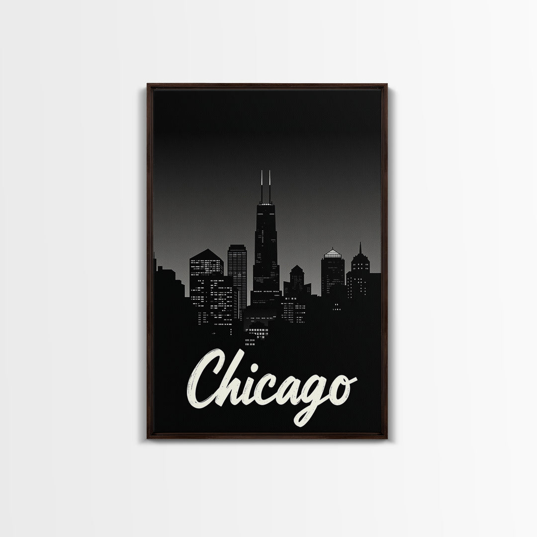 Chicago Travel Poster, Framed Canvas Print, Black And White Travel Art, Chicago City Art, City Illustration, Living Room Wall Art