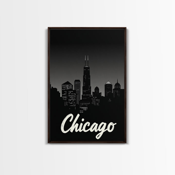 Chicago Travel Poster, Framed Canvas Print, Black And White Travel Art, Chicago City Art, City Illustration, Living Room Wall Art