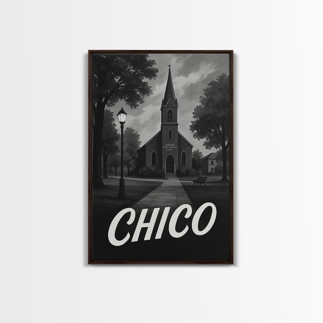 Chico Travel Poster, Canvas Print, Dark Moody City Wall Art, Chico Travel Art, City Travel Prints, Eclectic Wall Decor, Travel Wall Art