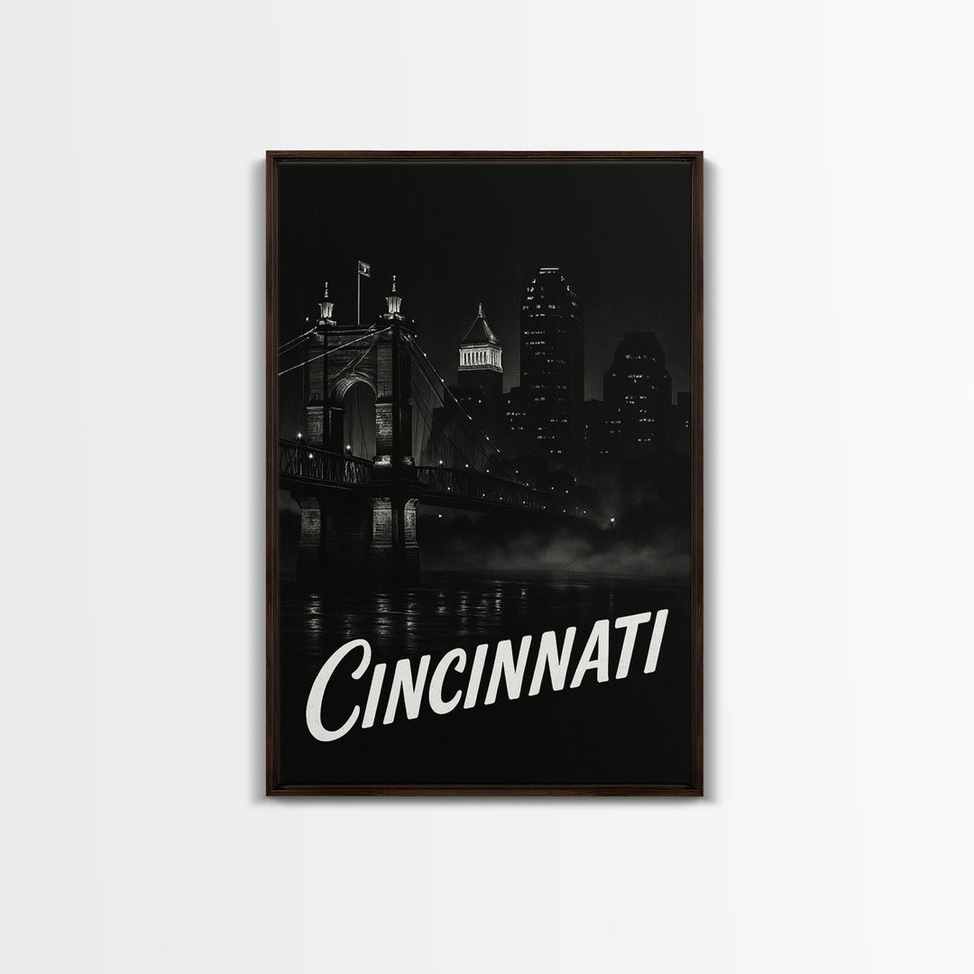 Cincinnati Travel Poster, Framed Canvas Print, Black And White Travel Art, Cincinnati Wall Art, Fine Art Print, Travel Poster Set