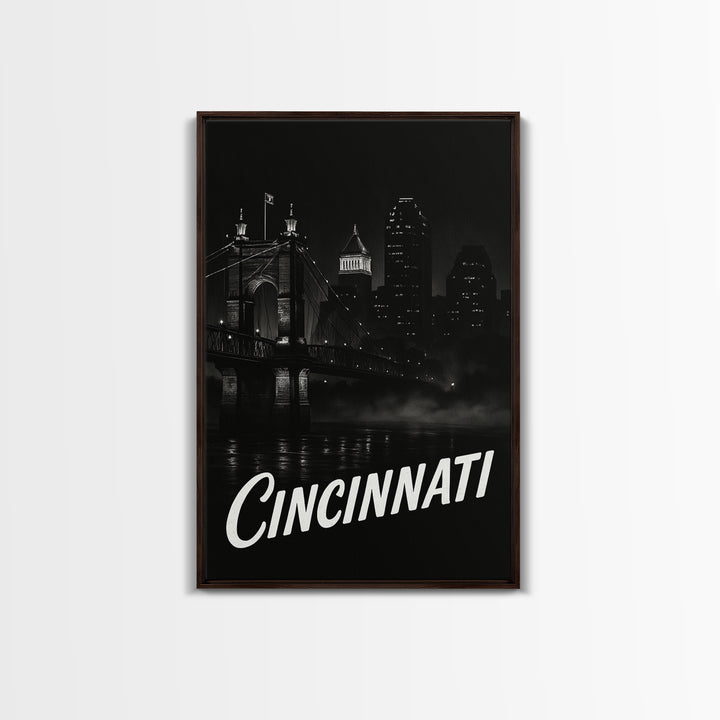 Cincinnati Travel Poster, Framed Canvas Print, Black And White Travel Art, Cincinnati Wall Art, Fine Art Print, Travel Poster Set