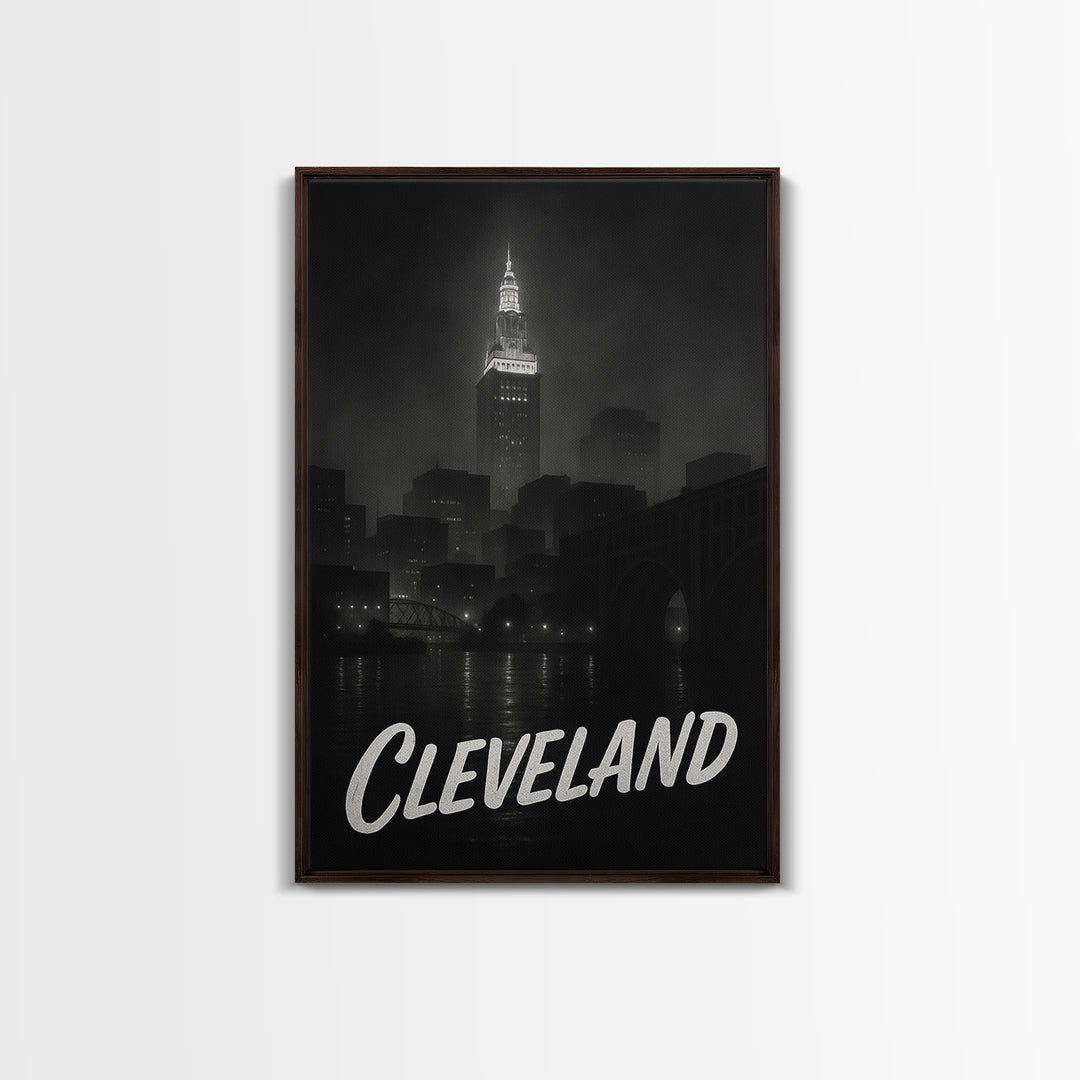 Cleveland Ohio Travel Poster, Framed Canvas Print, Dark Moody City Wall Art, Cleveland Travel Art, Travel Wall Decor, City Travel Prints