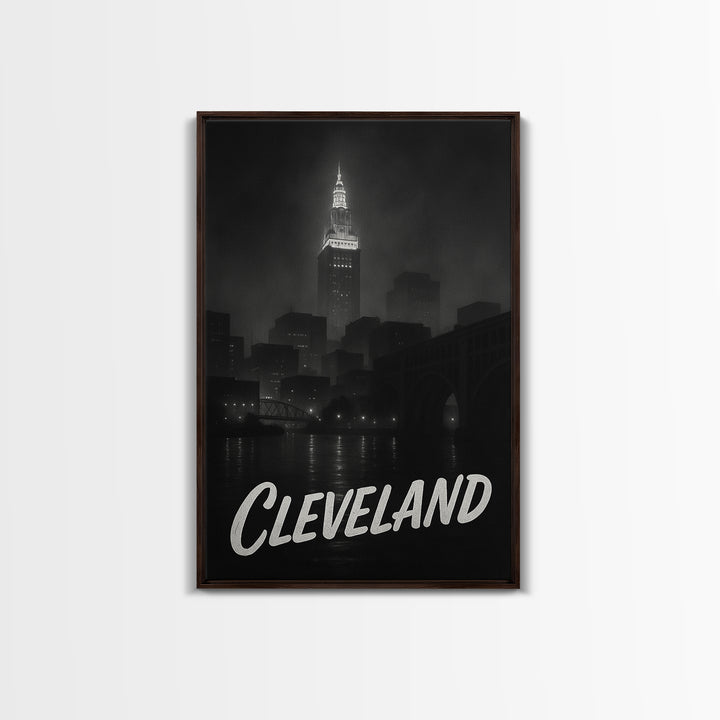 Cleveland Ohio Travel Poster, Framed Canvas Print, Dark Moody City Wall Art, Cleveland Travel Art, Travel Wall Decor, City Travel Prints