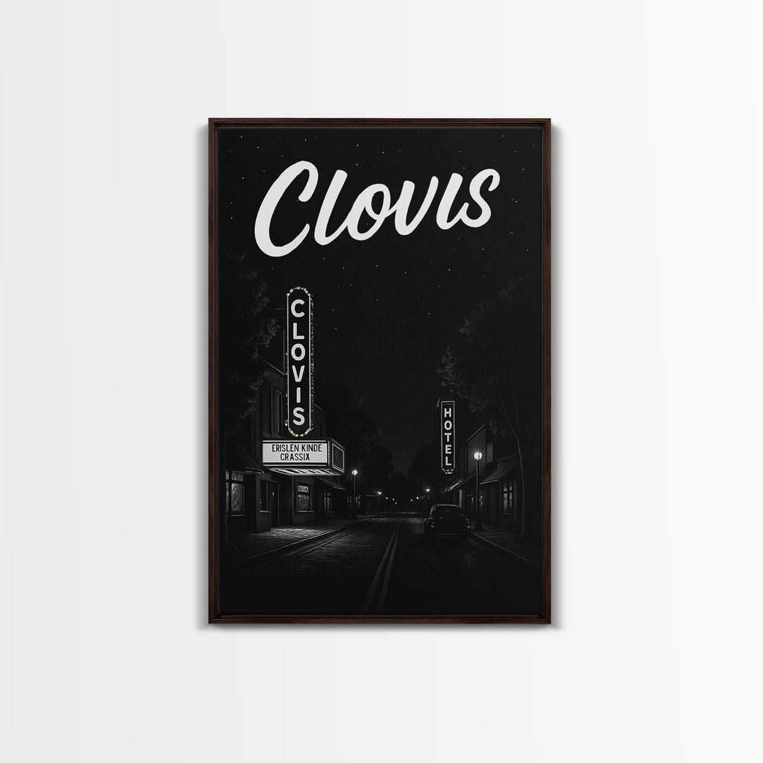 Clovis Travel Poster, Framed Canvas Print, Dark Moody City Wall Art, Clovis Poster Print, Vintage Travel Print, City Travel Prints