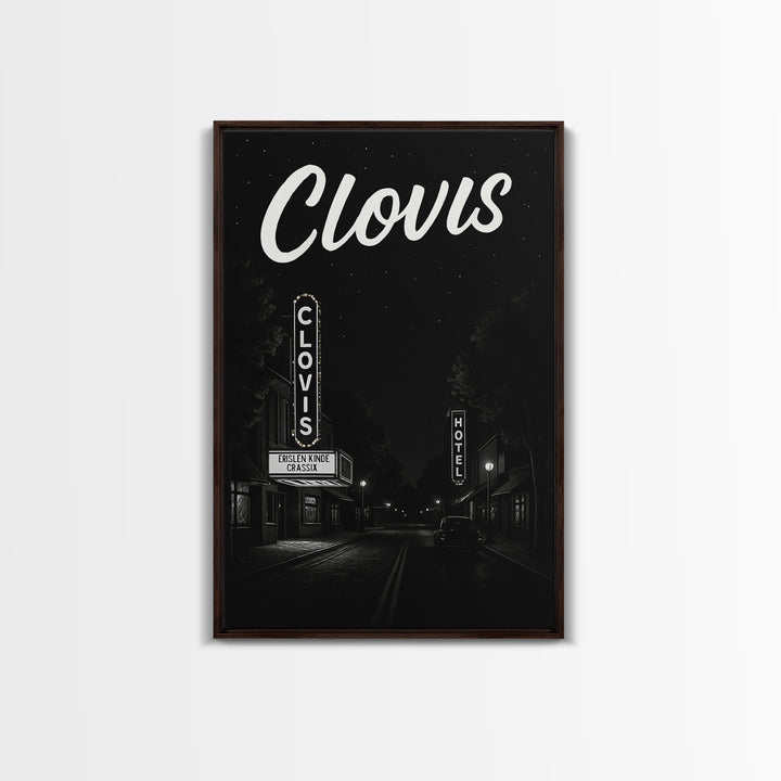 Clovis Travel Poster, Framed Canvas Print, Dark Moody City Wall Art, Clovis Poster Print, Vintage Travel Print, City Travel Prints