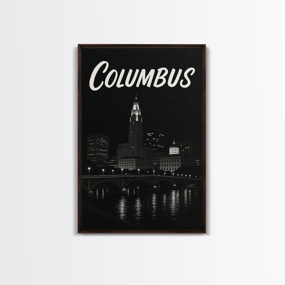 Columbus Travel Poster, Framed Canvas Print, Dark Moody City Wall Art, Columbus Travel Art, Travel Poster Art, Travel Poster Set
