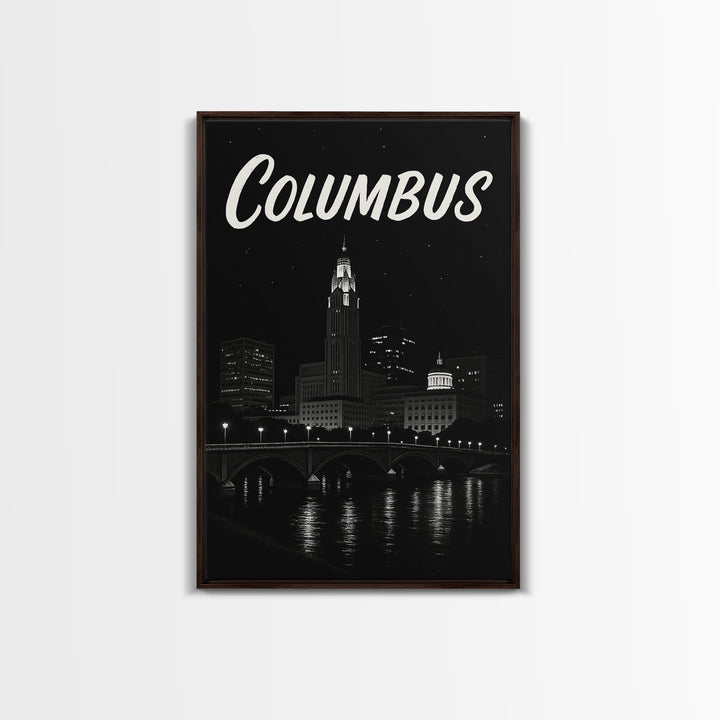 Columbus Travel Poster, Framed Canvas Print, Dark Moody City Wall Art, Columbus Travel Art, Travel Poster Art, Travel Poster Set