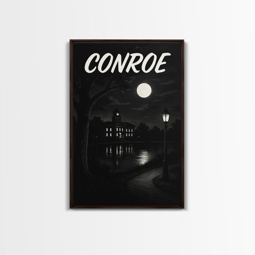 Conroe Travel Poster, Canvas Print, Dark Moody City Wall Art, Conroe Travel Art, Travel Art Print, City Illustration, Vintage Travel Print