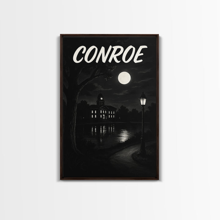 Conroe Travel Poster, Canvas Print, Dark Moody City Wall Art, Conroe Travel Art, Travel Art Print, City Illustration, Vintage Travel Print