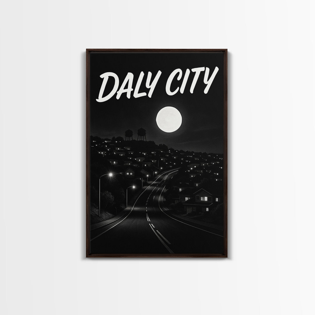 Daly City California Travel Poster, Canvas Print, Dark Moody City Wall Art, Daly City Poster Print, Travel Wall Art, Gift For Travelers
