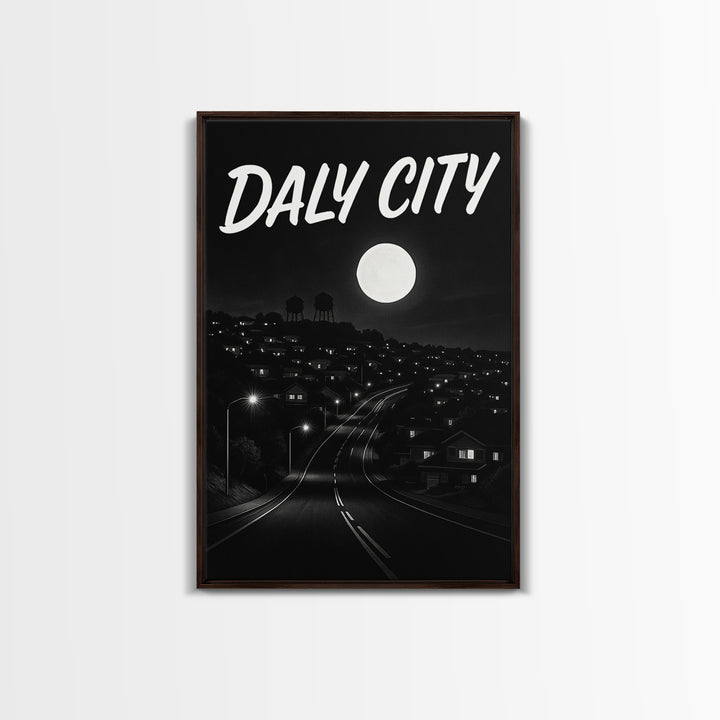 Daly City California Travel Poster, Canvas Print, Dark Moody City Wall Art, Daly City Poster Print, Travel Wall Art, Gift For Travelers