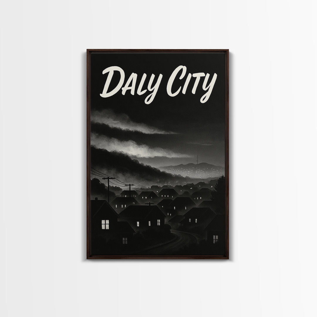 Daly City Travel Poster, Framed Canvas Print, Vintage Noir Poster Art, Daly City Art Print, Travel Poster Art, City Illustration