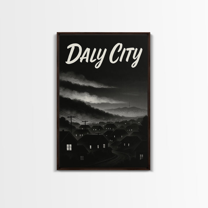 Daly City Travel Poster, Framed Canvas Print, Vintage Noir Poster Art, Daly City Art Print, Travel Poster Art, City Illustration