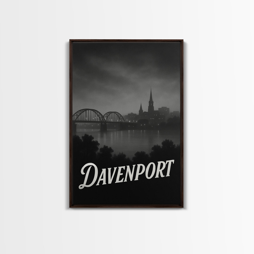 Davenport Iowa Travel Poster, Canvas Print, Night Street Poster Art, Davenport City Art, Travel Art Print, Vintage Travel Print, Travel Gift