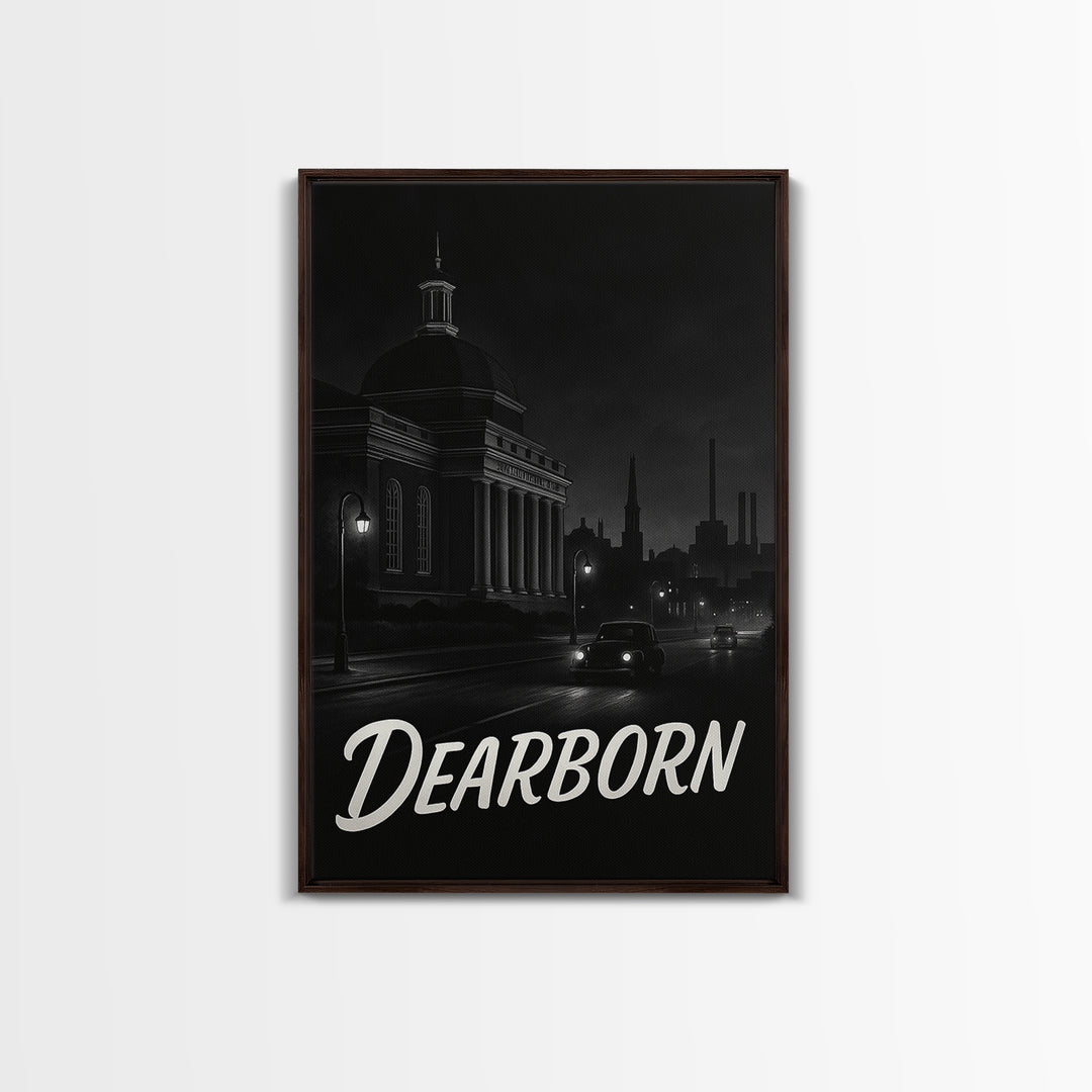 Dearborn Michigan Travel Poster, Framed Canvas Print, Vintage Noir Poster Art, Dearborn Art Print, Living Room Wall Art, Vintage Travel Art