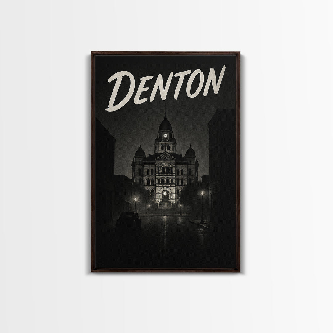 Denton Texas Travel Poster, Framed Canvas Print, Black And White Travel Art, Denton Art Print, Modern Wall Decor, City Travel Prints