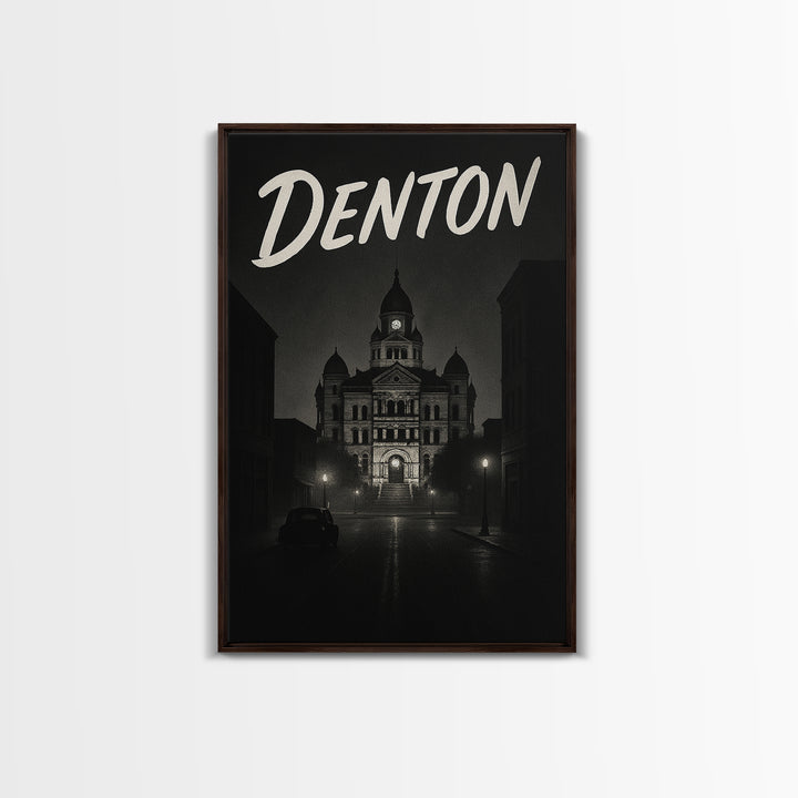 Denton Texas Travel Poster, Framed Canvas Print, Black And White Travel Art, Denton Art Print, Modern Wall Decor, City Travel Prints