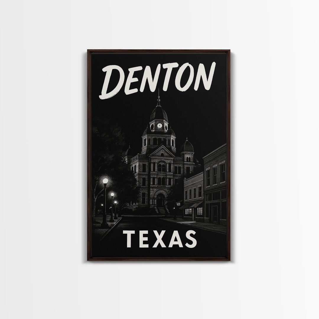 Denton Travel Poster, Framed Canvas Print, Dark Moody City Wall Art, Denton Poster Print, Gift For Travelers, Vintage Travel Art