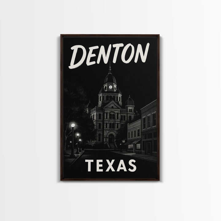 Denton Travel Poster, Framed Canvas Print, Dark Moody City Wall Art, Denton Poster Print, Gift For Travelers, Vintage Travel Art